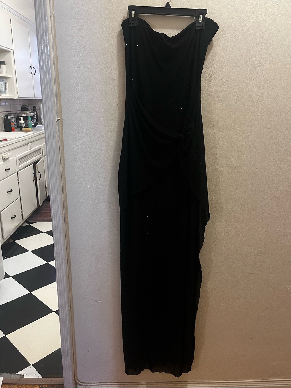 Meshki Black Strapless Sparkly Evening Gown - Elegant Draped Design